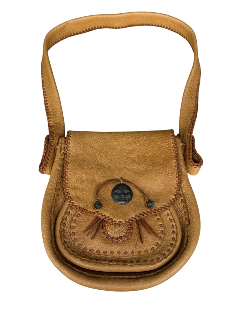 Vintage 70s Hippie Leather Bohemian Boho Gypsy Style Whip-Stitch Shoulder Bag - Picture 3 of 13